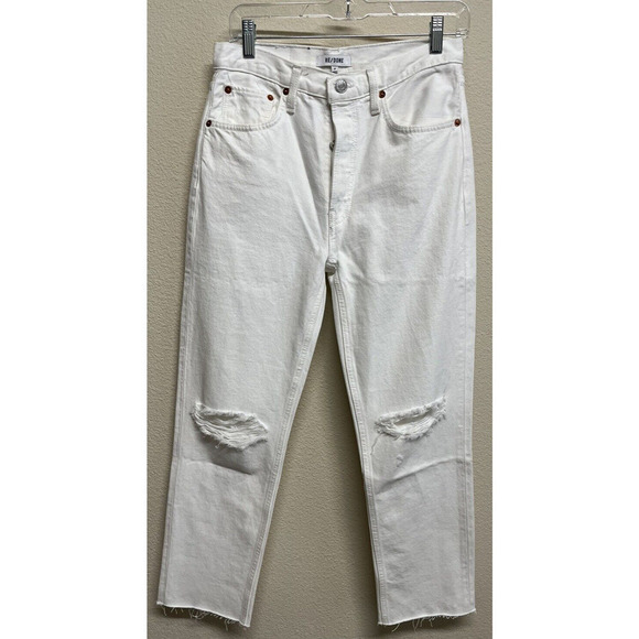 Re/done 70s Stove Pipe Cropped Straight White Destroyed Jeans Sz 27 NEW - Picture 3 of 15